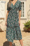 Print Women Summer Dress Chiffon Casual Elegant Split Short Sleeve V Neck Long Dress Boho Beach