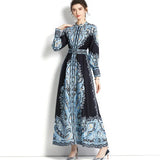 And Autumn Dress Retro Court Style Lapl Lantern Sleeve Print Dress Women's Single Buckle Large A-Word Over Knee