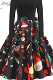 Women Christmas Long Sleeve Print Elegant Vintage Knee-length Party Dress Robe Autumn Winter Casual Xmas