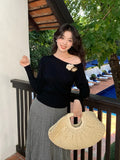 Xixi 2025 Spring New Ins Temperament Shoulder Wool Bottom Shirt Long-Sleeved Knitwear Women's Top