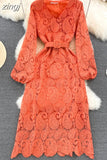 Autumn Red/Yellow/Purple/Blue Hollow Out Embroidered Long Dress Women Vintage V-Neck Puff Sleeve Party Maxi Vestidos