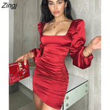 New Satin Puff-Sleeve Ruched Dress For Women Solid Square Collar Sexy Dresses Ladies Streetwear Backless Zip