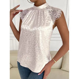 Stand Collar Top Lady Loose Sleeveless Sexy Lace Shirt Womens Blouses Solid Pink Shirts 2023 Pullover Blusas Mujer
