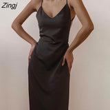 Women Sexy Satin Backless Solid Color Long Dress Stylish Sleeveless V-neck Spaghetti Strap Party Dress