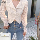 Shirts Women Notched Cropped Puff Sleeve Lace Tops Charming Elegant Temperament Mujer Single Breasted Ins Trendy