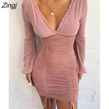 Chiffon Summer Autumn Dress Women 2020 Sexy Long Sleeve Slim Elastic Bodycon Bandage Dress Short Pleated Party