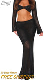 Women's Crochet Knit 2 Piece Skirt Set Hollow Out Crop Top Long Sleeve Backless Tie Up Club Bodycon Dress