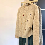 Cartoon Embroidery Round Collar Collar Sweater Women's Autumn And Winter New Design Small Soft Skin Knitting