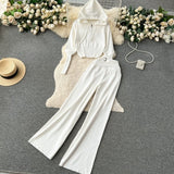 And Winter Solid Knitted Hooded Hooded Jersey Blouse High Waist-Hanging Feeling Trousers Casual Two Sets Of