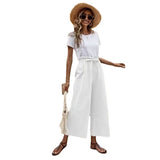 New Women's Summer Loose Waist Solid Cotton Belt Broad Leg Pants Loose Nine-Point Trousers