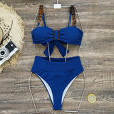 2025 New Pure White Chain Sling Split Swimsuit Women High Waist Pit Strips Brab