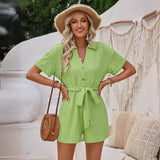 / Summer 2025 New Style Short Sleeve Tie Lapel Jacquard Knit Pure Color Short Jumpsuit