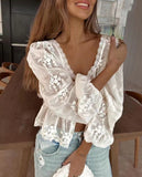 Sexy Lady U Collar Embroidered Long-Sleeved Shirt
