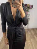 Women's Autumn And Winter Sexy V-Neck Dress Solid Hot Gold Tight-Body Ass