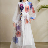 Court Dress Female Senior Sense Strap To The Waist Lantern Sleeve Print Single Buckle Mesh Elegant