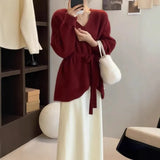 Goods V-Neck Belt Long Sheep Velvet Women Autumn And Winter Loose Knitted Wool Inside The Bottom