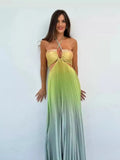 New Summer Gradient Hanging Neck Fold Fashion Dress Ladies Beach Holiday