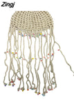 Chic Women Fashion Knitted Hats Y2K Aesthetics Retro Crochet Hollow Out Tassels Hats Caps Boho Holiday Beach