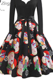 Women Elegant Vintage Christmas Party Dress Long Sleeve V Neck High Waist Casual Midi Xmas Winter Clothing S~3XL