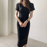Chic Temperament Light Style V Collar Slimmed Body Pressure In The Waist Of The Long Over-Knee Short-Sleeved Dress