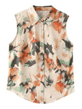 Satin Women's Silk Blouse Shirt Sleeveless Women Shirts Blouses Polo-Neck Chiffon Print Laides Tops Summer Vintage