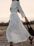 Shirt Dress Women Button Up Midi Dress Female Lapel Long Sleeve Elegant Dress Female Hollow Out White Dress With