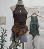 Irregular Hanging Neck Dyeing Net Yarn Vest Lotus Side Ribbon Short Sleeveless Top