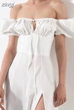 Off Shoulder Dress Women Puff Short Sleeve White Dresses Female Cut out Tie up Side Split Ruched Elegant Long