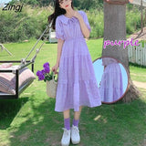 Puff Sleeve Dress Women Peter Pan Collar Calf-length Elegant Solid Pleated Korean Sweet Girls Female Stylish Purple