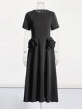 A-Word Long Dress 2025 Spring New Fashion Temperament Round-Neck Waist Thin Flowers Splicing Design Design Dress Dress