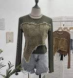 Feel Niche Cowboy Splicing Long-Sleeved Mesh T-Shirt Girl Summer Round Collar Dress Short Top