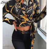 Women's Shirt Casual Autumn Spring Fashion Elegant Scarf Chain Print Tie Front Wrap Top Femme V Neck Blouse Baroque