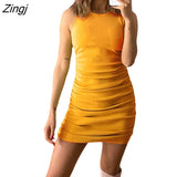 New Women Sleeveless Ruched Bodycon Slim Mini Dress Fashion Stylish Solid Color Ribbed Summer Sundress for Ladies