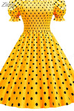 Dot Party Dress Elegant Women Summer Puff Short Sleeve Square Collar Elastic Waist Vintage Midi Sundress Casual