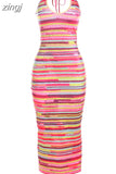 Colorful Striped Maxi Dress Women Sleeveless Halter Low Chest Backless Vacation Robe Ladies Party Clubwear