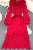 Autumn Red/Yellow/Purple/Blue Hollow Out Embroidered Long Dress Women Vintage V-Neck Puff Sleeve Party Maxi Vestidos