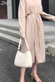 Sweater Knitted Dress for Women Brief V-neck Warm Drawstring Lace-up Loose Midi Female Maxi Dress Autumn Winter