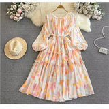 New Gentle Style Temperament Long-Sleeved Round Recipient Waist Thin Print Chiffon Big Swing Long Dress