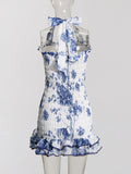 2025 Spring New Fashion Temperament Printing Design Wood Ear High-End Sense Short Hanging Neck Dress