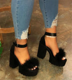 Hairy Word With High-Heeled Sandals Women's One-Character Thick Heel Waterproof Table Fashion