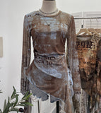 Shooting Babes Long Sleeves And Jersey Net Yarn Dye Printing Irregular Lotus Leaf Edge Ribbon Folding Top