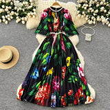 Women's Niche Elegant Dress New Hollow Nail Ball Neck-To-Celing Waist-Print Folding Long