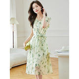 New Loose Temperament Short-Sleeved Dress Female Summer Goddess Fan Print Age Reduction Silk