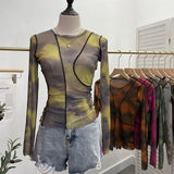 Sun Dyed Elastic Mesh Yarn T-Shirt Stacked With Long-Sleeved Top Press Line T-Shirt