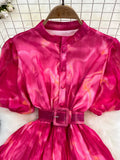 Women Vintage Tie Dye Printed Ruffle Pleated Long Dress Purple/Red/Blue/Green Stand Collar Single Breasted Maxi Robe