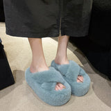 Cross-With Fur Thick Bottom Slippers Women Wear Height 7Cm Small Autumn And Winter Cotton Slippers