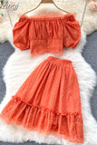 Women Hollow Out Lace Two Piece Set Orange/Purple/White Slash Neck Puff Sleeve Tops + High Waist Ruffle Skirt Beach