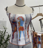 Sexy Hottie Shoulder Strap Small Print Slimming Sling Vest Short Sleeveless Top