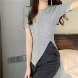 Zingj Summer Wear New Net Red Ins Super Fire Slim Versatile Side Slit Black Short-Sleeved T-Shirt Women's Chic Top