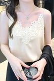 Korean Fashion Silk Women Camis Streetwear Satin Sexy Tops Lace Sleeveless White Female Tank Tops Blouse OL Woman